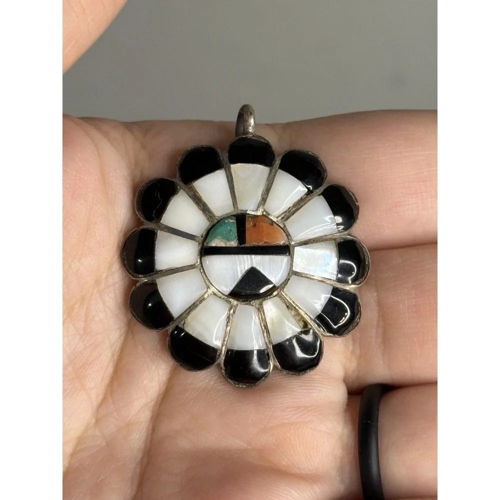 Vintage Zuni Sun Face 925 Sterling Silver Turquoise Inlay Candace Cook Unsigned